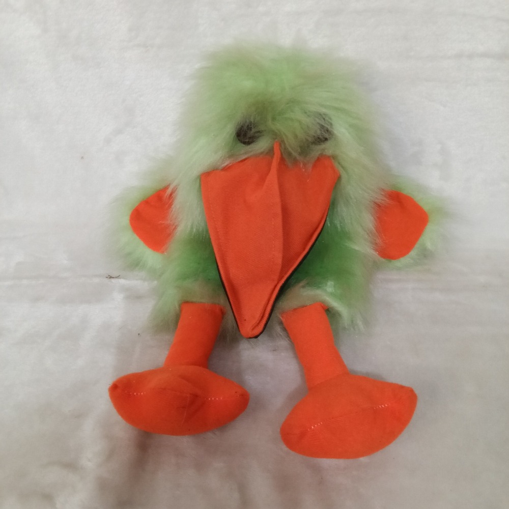 Green Shaggy Pelican Bird Hand Puppet Orange Beak Plaid Lining Plush Toy